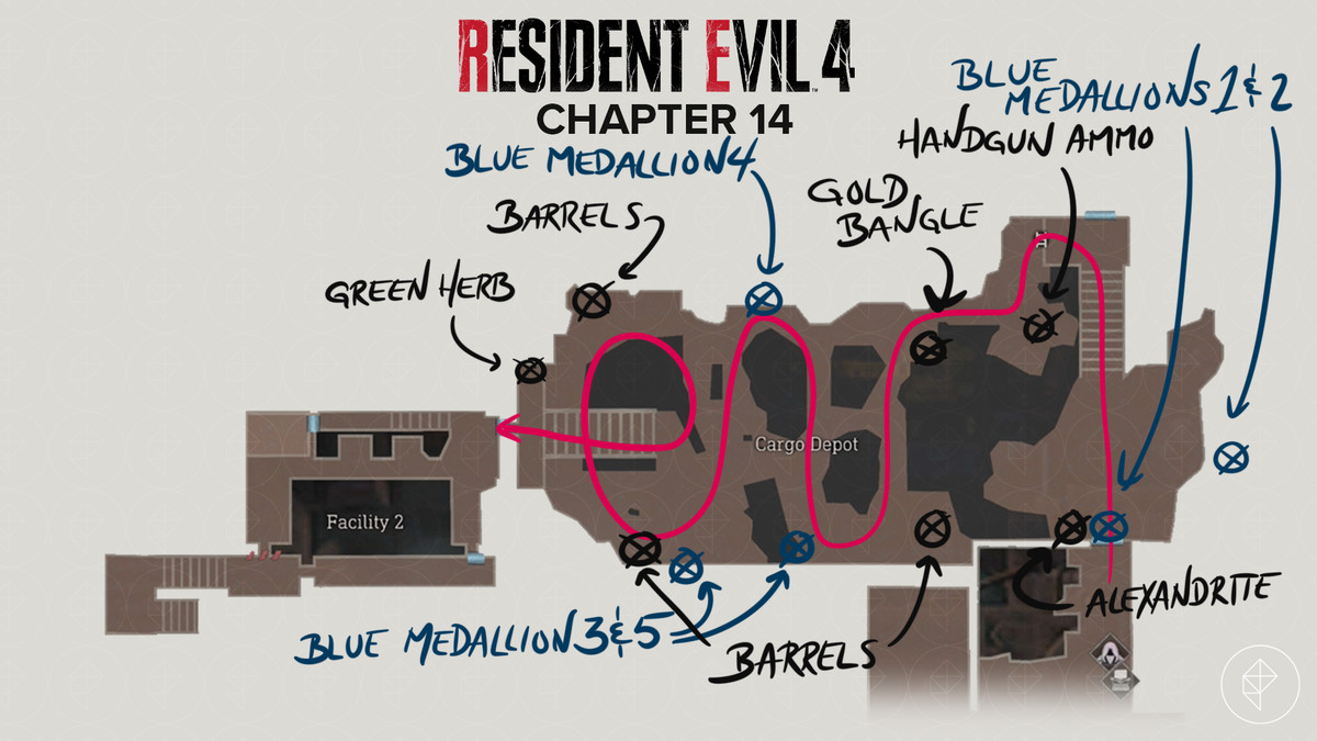 Mappa del remake di Resident Evil 4 del deposito merci con un percorso e oggetti contrassegnati