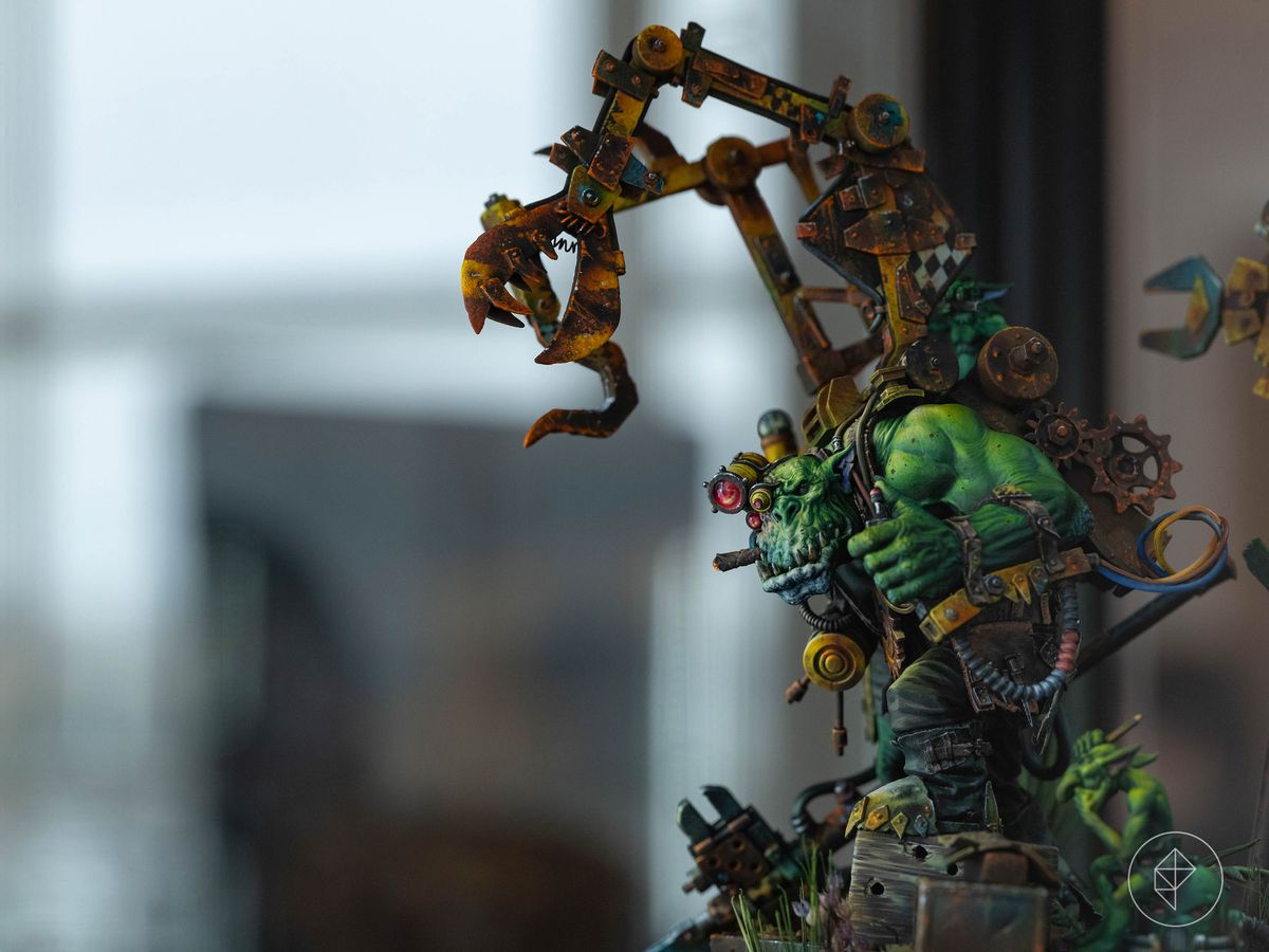 A wide shot of a massive ork with a yellow, metal contraption on its back. It’s walking forward while looking left, staring at the viewer with a cigar clamped in its mouth.