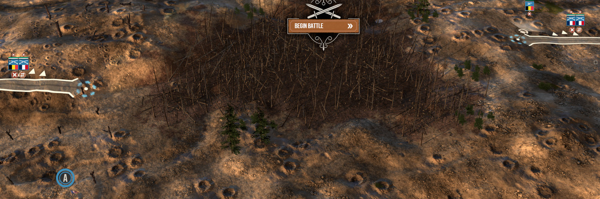 Una vista dall'alto di una foresta in The Great War: Western Front, circondata da terra desolata e butterata.