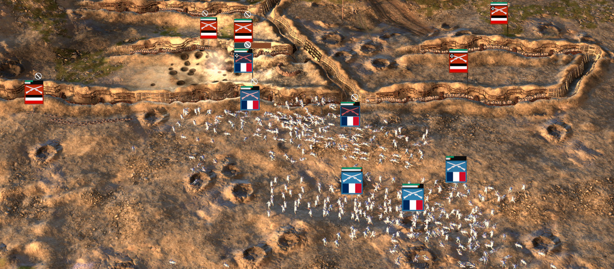 Una ripresa dall'alto di una scaramuccia, comprese le trincee difensive, da The Great War: Western Front. Ci sono già molti corpi a terra.