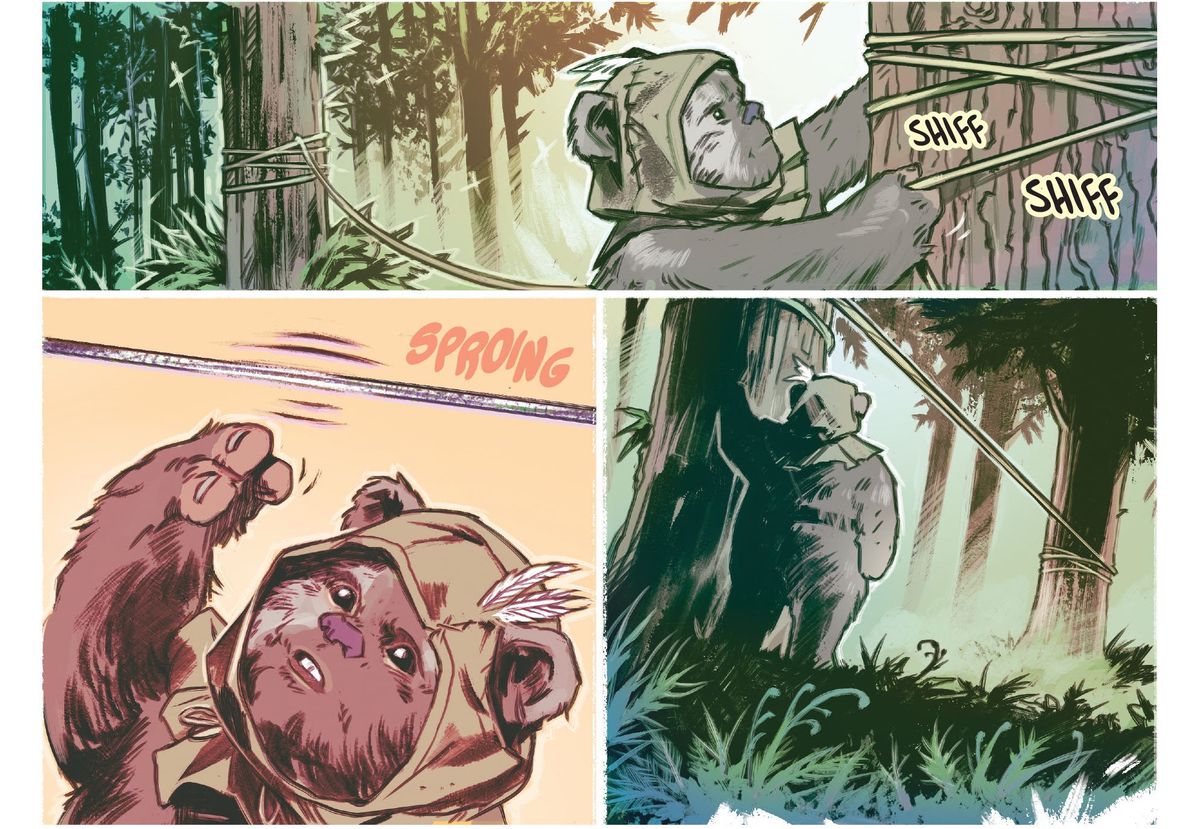 Un ewok prepara con cura un tripwire all'altezza di una speederbike tra due alberi in Star Wars: Return of the Jedi - Ewoks # 1 (2023).