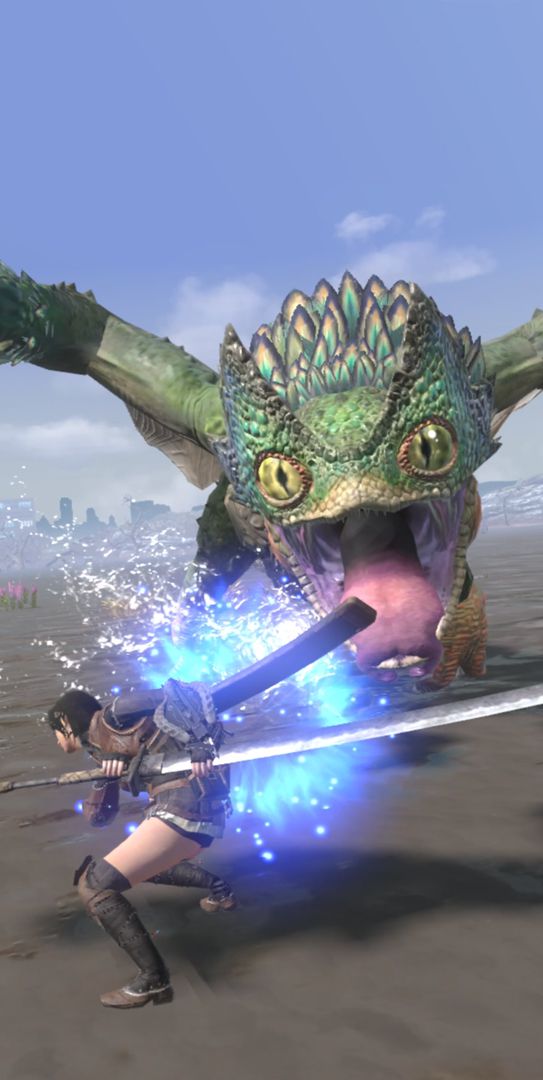 Un giocatore umano si prepara a colpire un Pukei-Pukei in un ambiente paludoso in uno screenshot di Monster Hunter Now