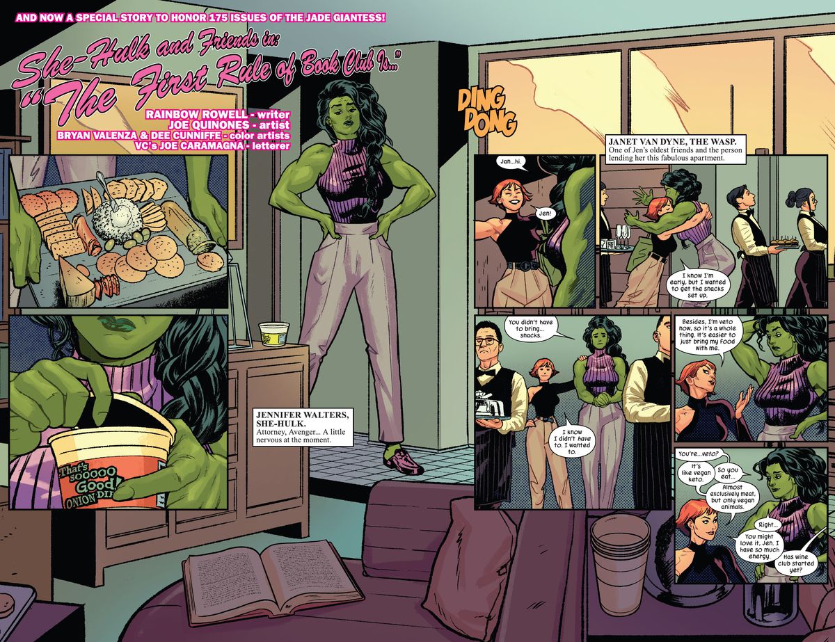 She-Hulk si prepara per il club del libro nel suo appartamento, con un tagliere di formaggi e salsa di cipolle, prima che Janet Van Dyne si precipiti con i ristoratori per la sua dieta