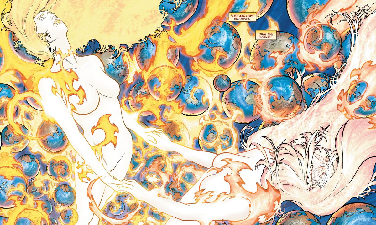 L'antica Fenice e la moderna Starbrand si danno la mano, due titaniche donne luminose circondate da mondi su mondi mentre ripristinano l'universo dall'ingerenza di Mefisto in Avengers Assemble Omega # 1 (2023).