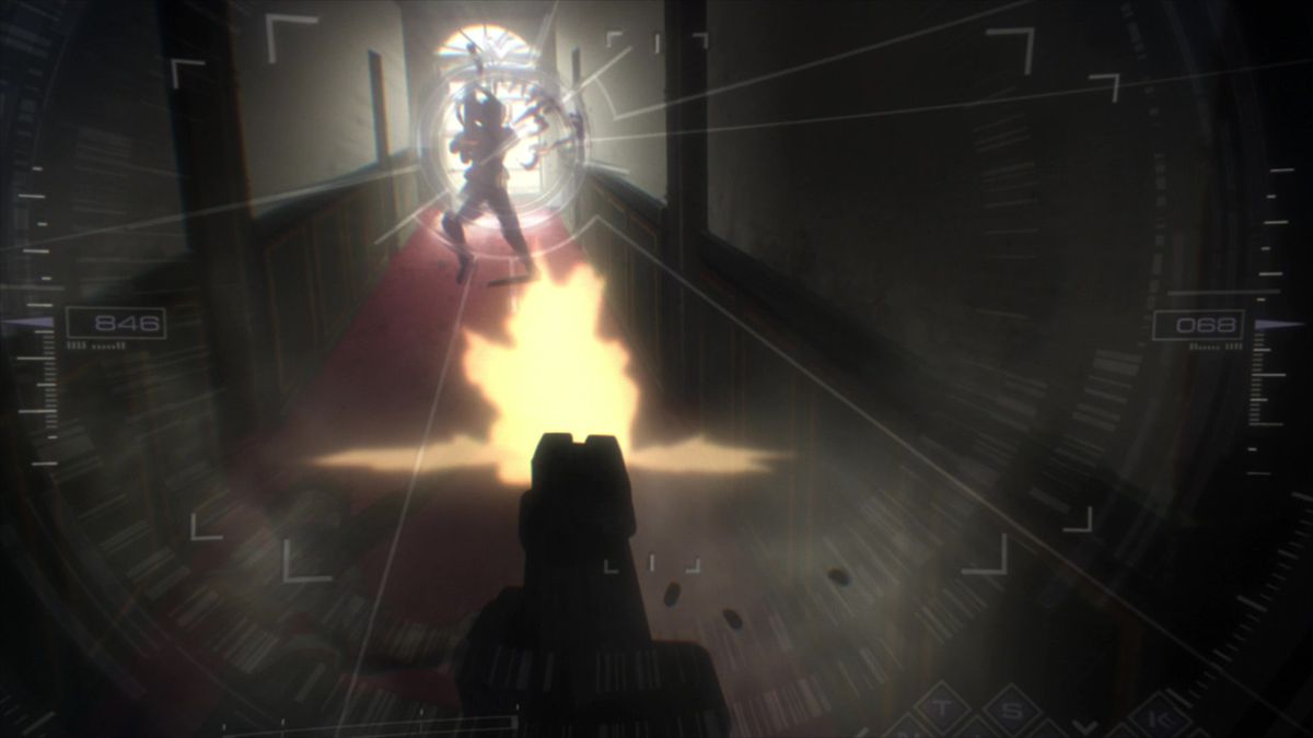 Un'inquadratura in prima persona di un fucile futuristico che spara lungo un corridoio pieno di fumo, cursori dell'interfaccia utente e testi assortiti sui margini destro e sinistro che indicano un combattente che si ritrae dai colpi di arma da fuoco in Genocidal Organ.