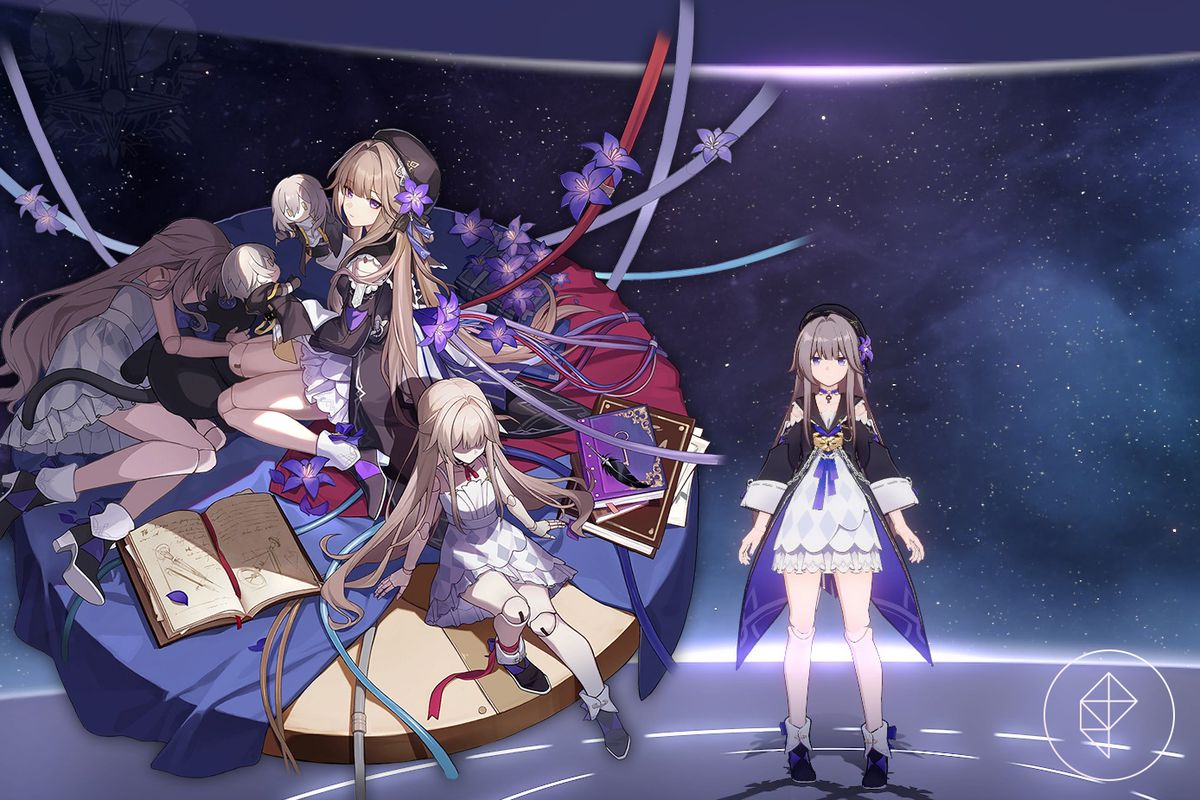 Il modello Honkai: Star Rail di Herta nel gioco con la sua splash art. Herta è una minuscola ragazza dai capelli castani con un vestito bianco e nero.