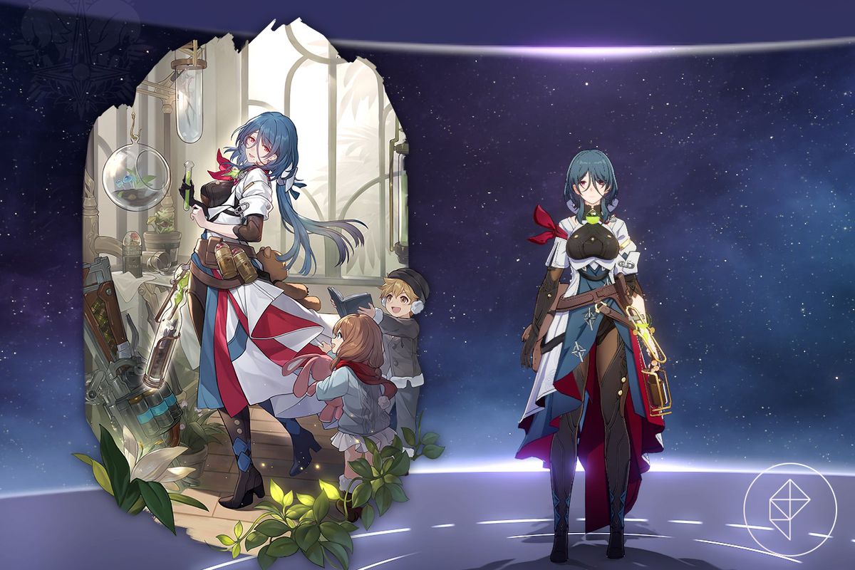 Il modello Honkai: Star Rail di Natasha nel gioco con la sua splash art. Natasha è una donna con i capelli verde acqua scuro e un vestito bianco, nero e verde acqua.