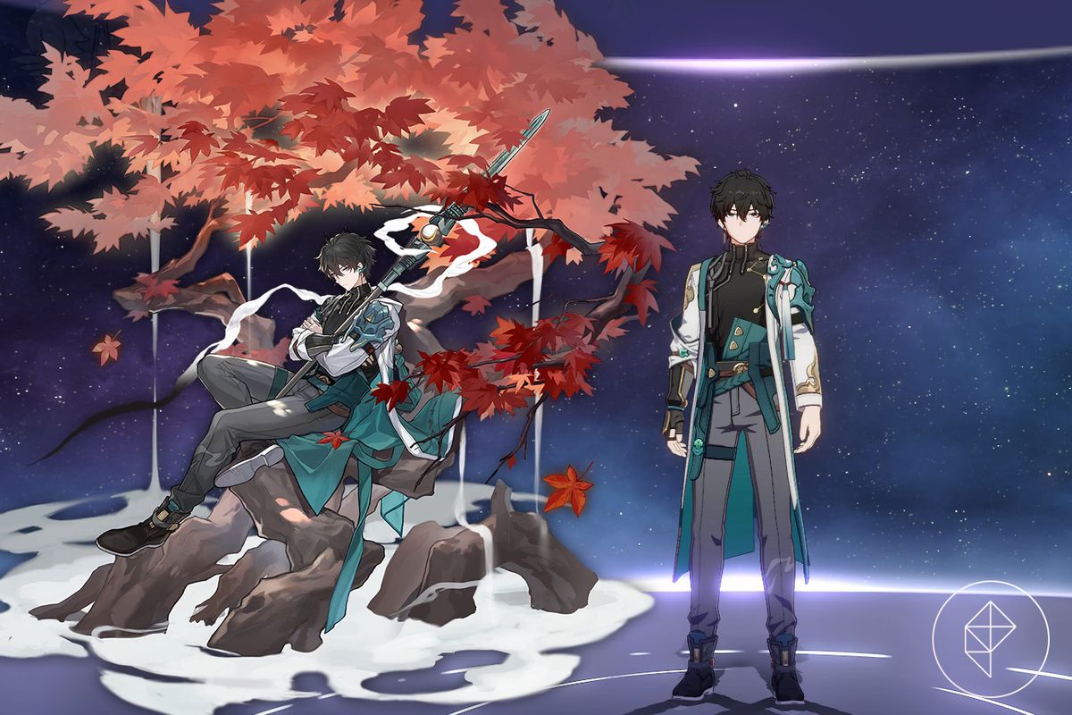 Honkai di Dan Heng: modello di Star Rail nel gioco con la sua splash art. Dan Heng è un maschio alto con i capelli scuri e un vestito bianco e verde