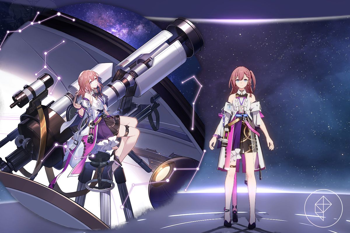 Honkai di Asta: modello di Star Rail nel gioco con la sua splash art. Asta è una ragazza dai capelli rossi con un vestito bianco e rosa