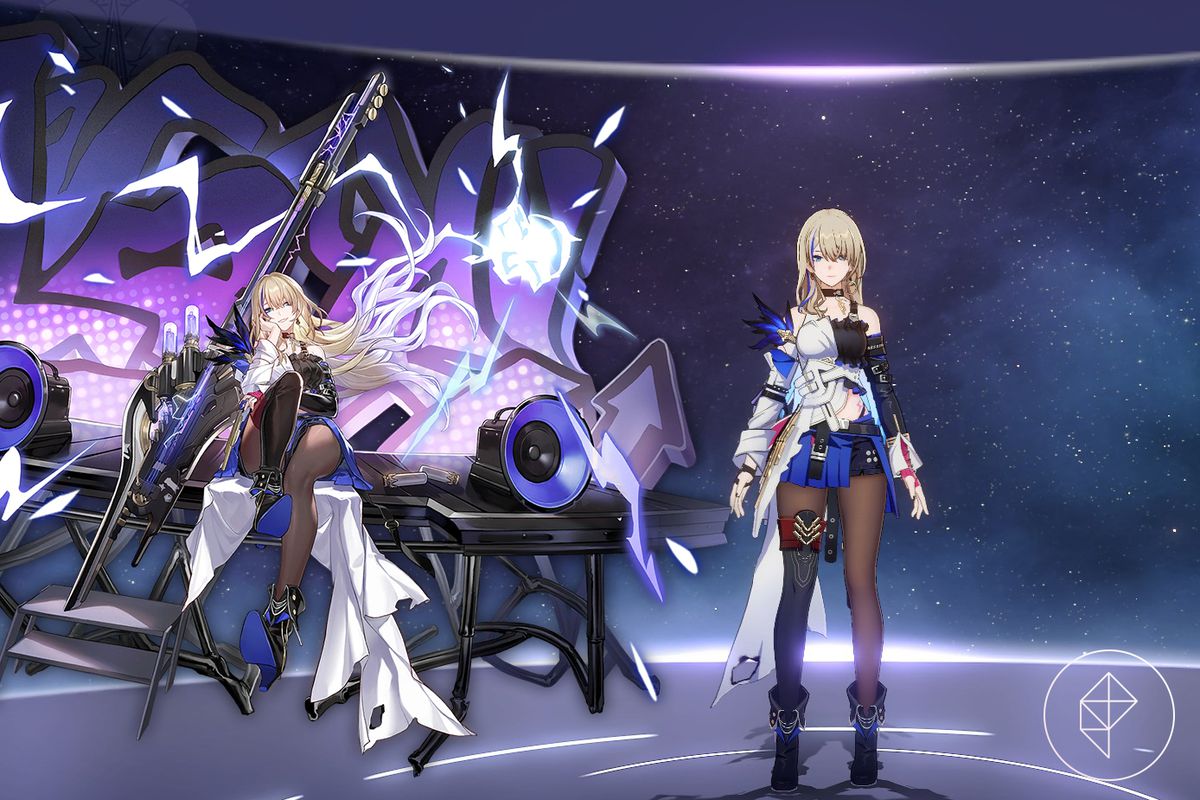 Il modello Honkai: Star Rail di Serval nel gioco con la sua splash art. Serval è una donna dall'estetica punk con i capelli biondi e un vestito bianco, nero e blu.