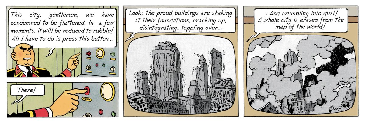 Un funzionario in uniforme di un regime della Guerra Fredda dimostra la distruzione di una città con un'arma sonica, apparentemente mostrata in diretta su uno schermo televisivo.