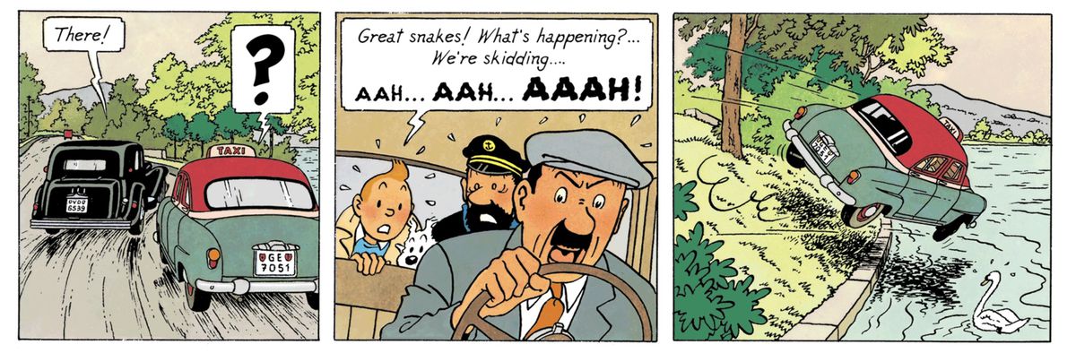 Tre pannelli di un fumetto di Tintin, che mostrano un taxi contenente Tintin e il capitano Haddock che vengono portati fuori strada in un lago