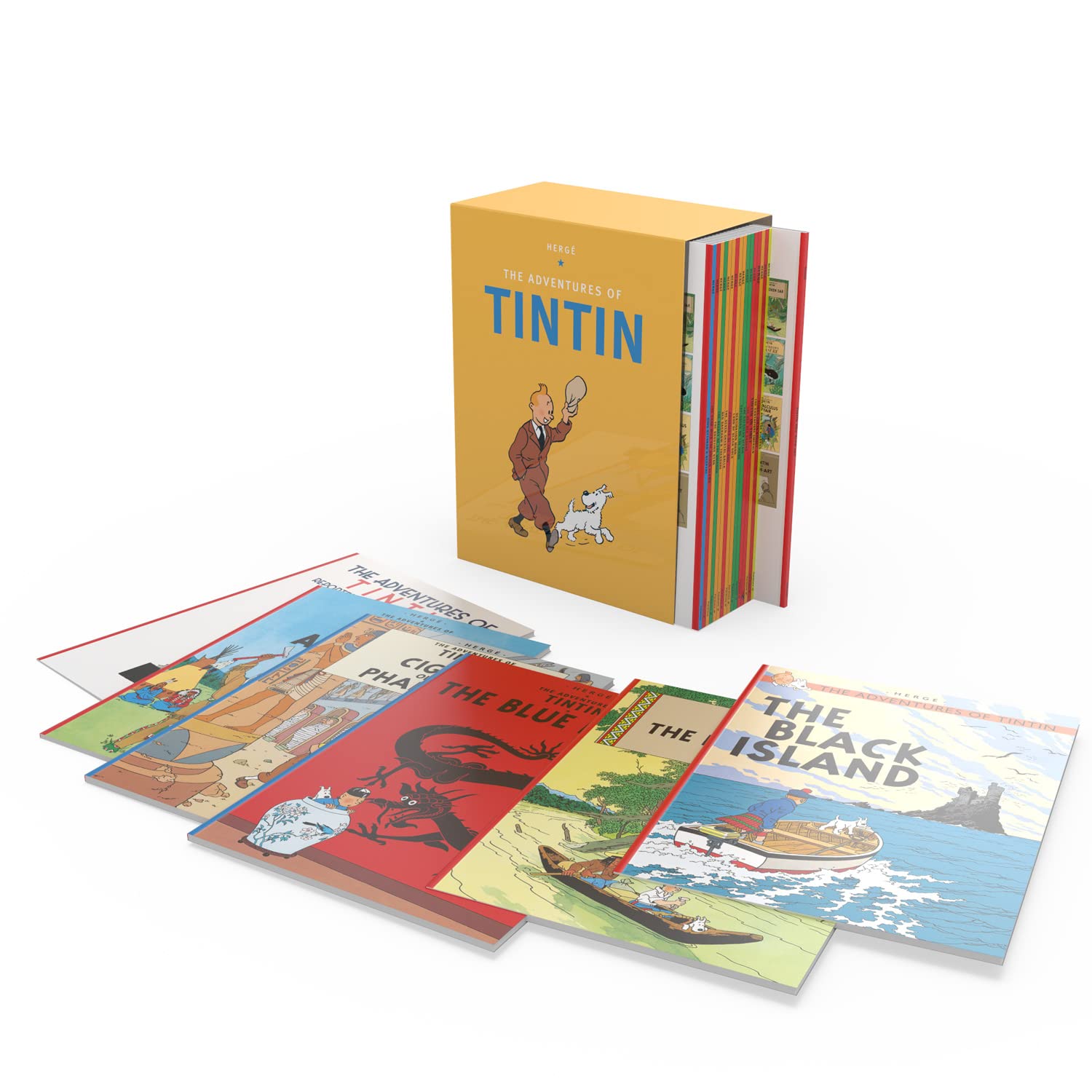 Un cofanetto Tintin con diversi libri come The Black Island e The Blue Lotus seduti a faccia in su