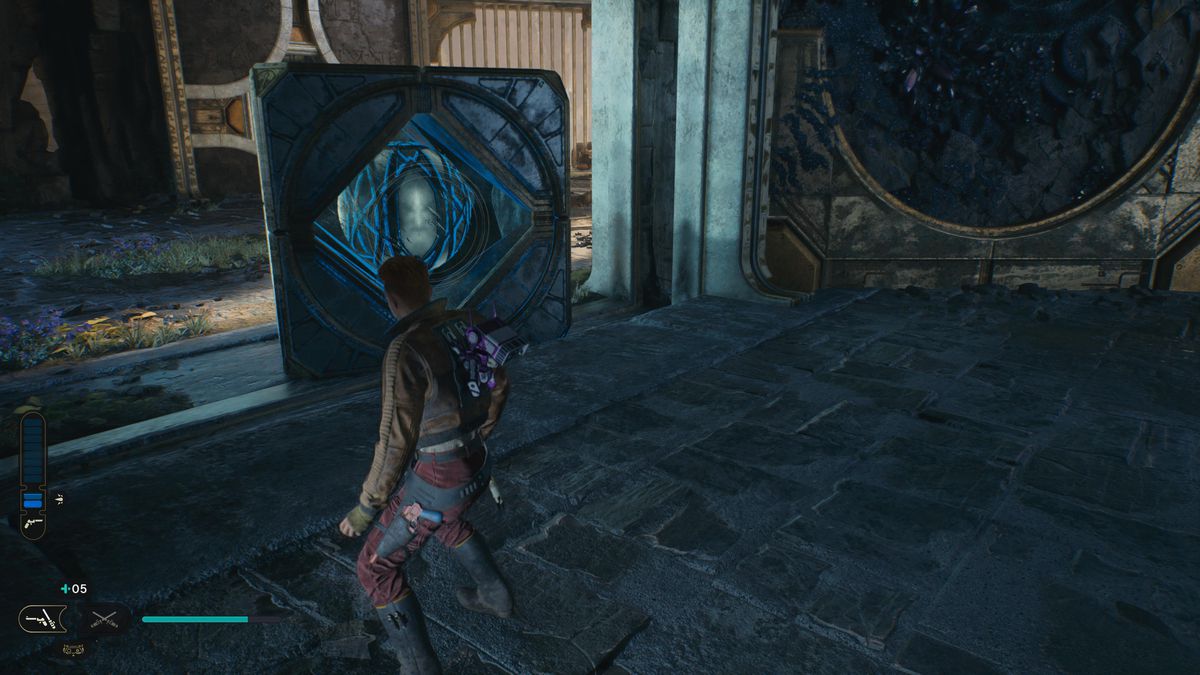 Cal Kestis fissa una scatola gigante sotto una porta in Star Wars Jedi Survivor.