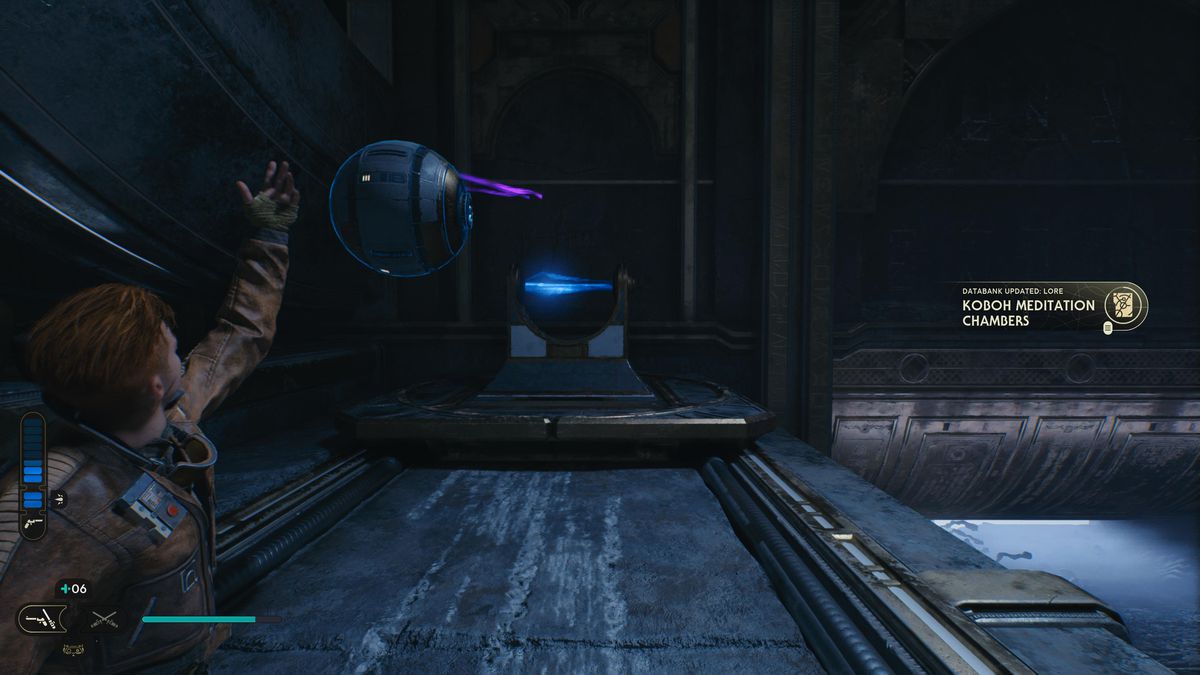 Cal Kestis tiene una sfera su Koboh durante il puzzle dell'insediamento devastato.