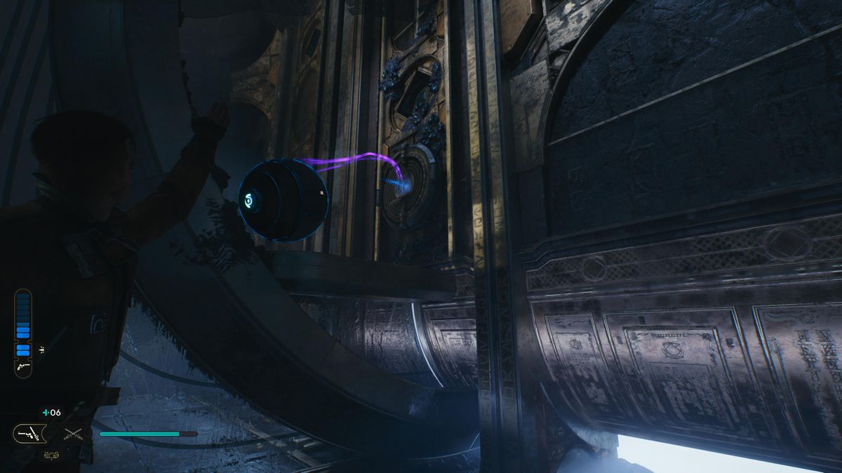 Cal Kestis tiene in mano un globo con una linea viola che va verso una presa blu.