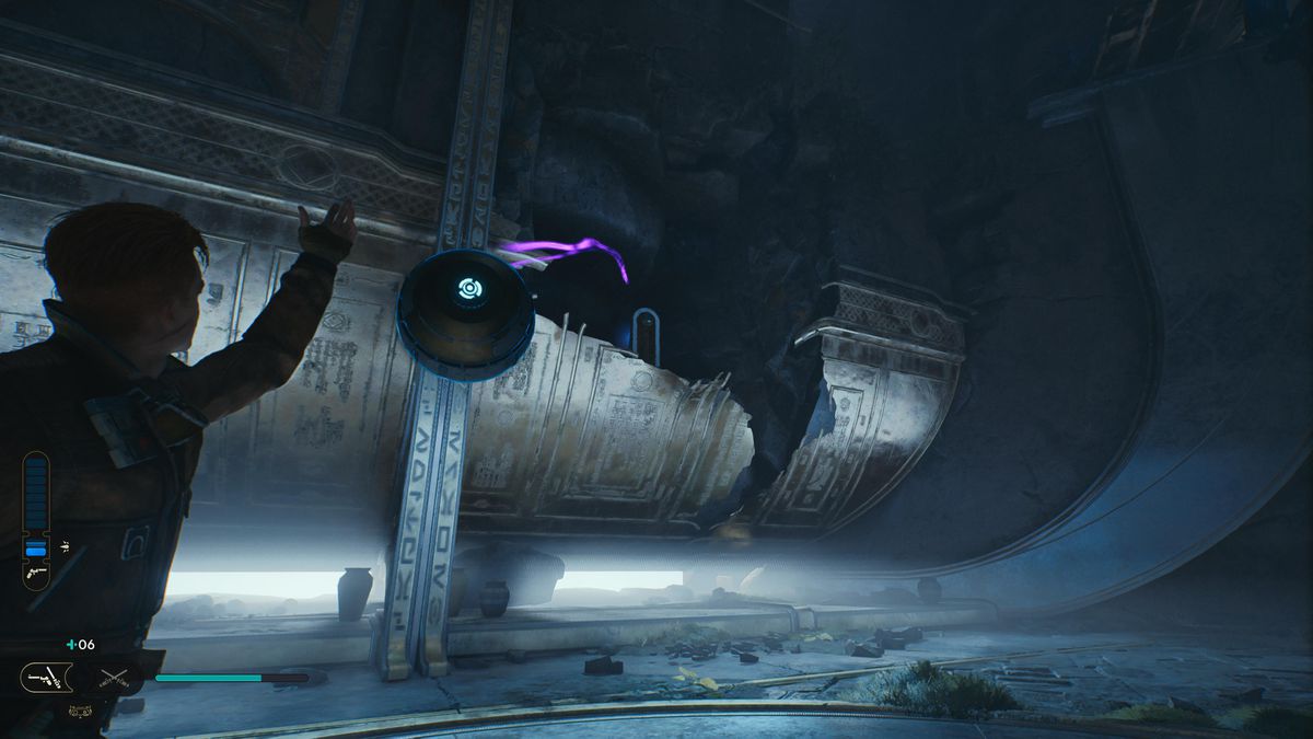 Cal Kestis tiene una sfera d'argento a mezz'aria durante il puzzle della sfera dell'insediamento devastato.