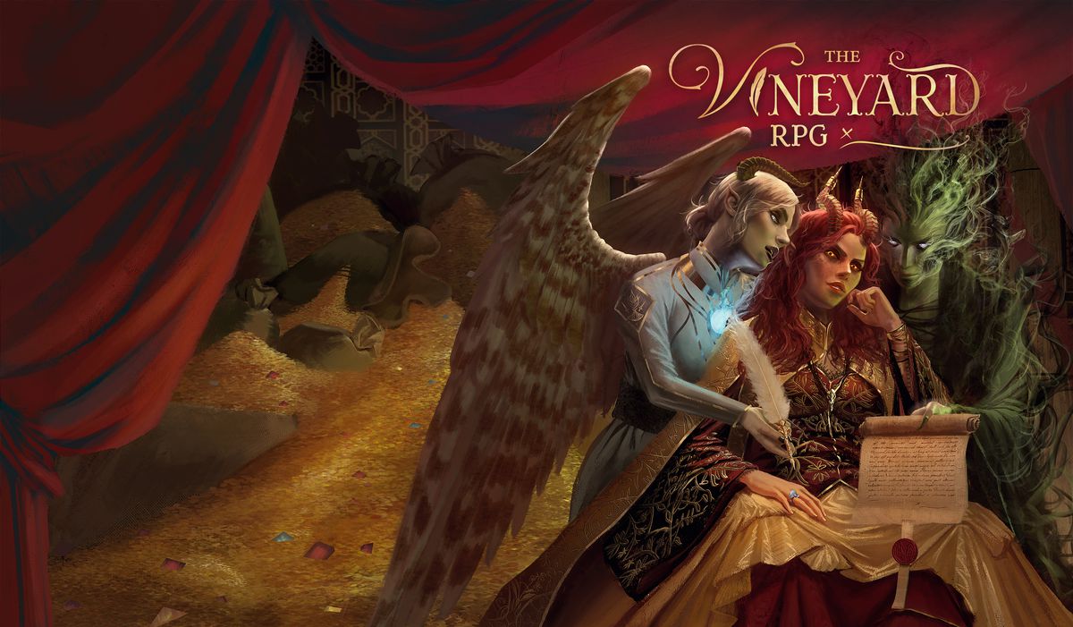 Due cattivi - un demone alato e una creatura fatta di sussurri - fiancheggiano un tiefling vestito in modo sgarbato. Tengono in mano una penna e un pezzo di carta, il contratto per la loro anima. Cover art per The Vineyard RPG.