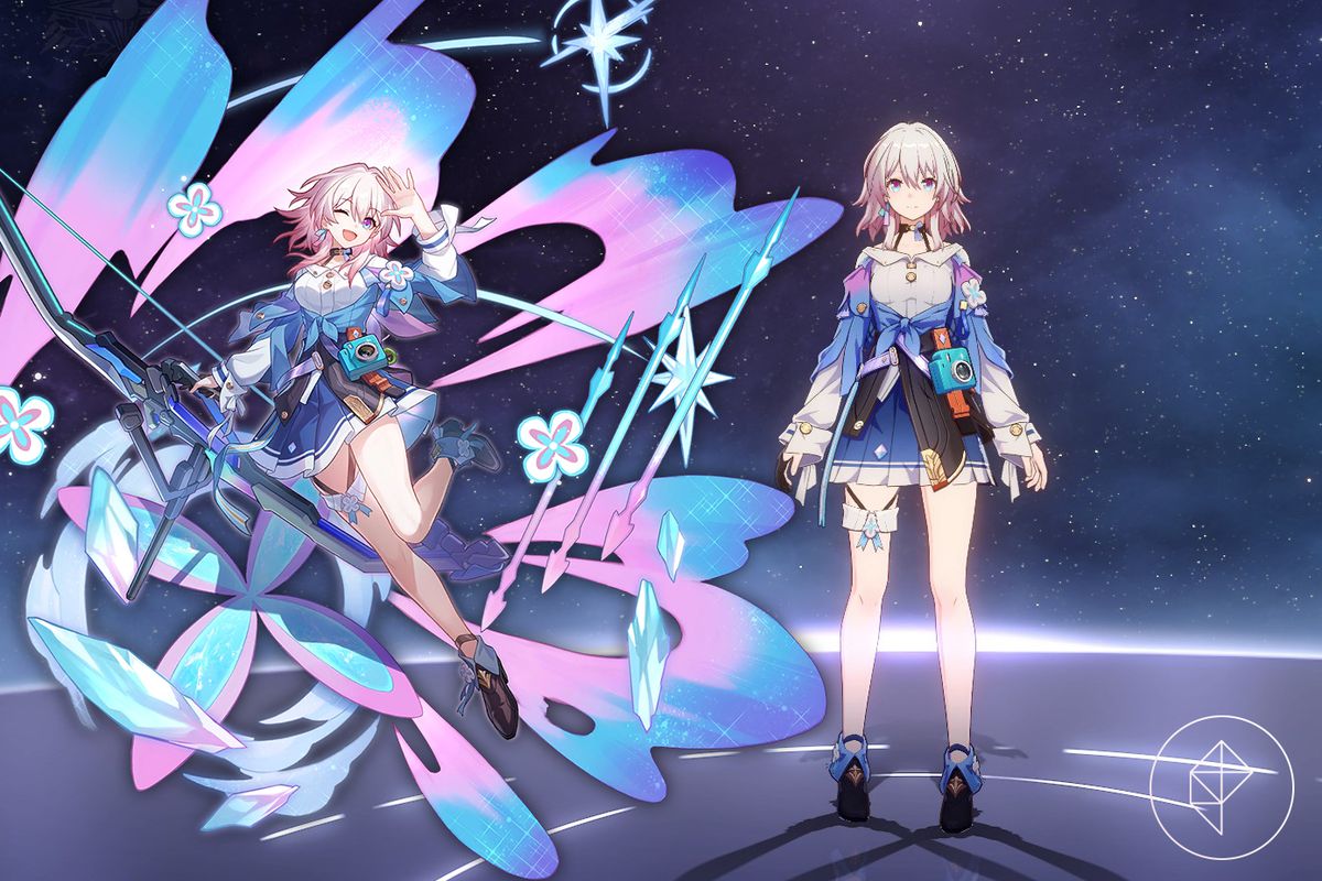 Il modello Honkai: Star Rail in-game del 7 marzo insieme alla sua splash art. Il 7 marzo è una giovane ragazza con i capelli rosa e un vestito blu