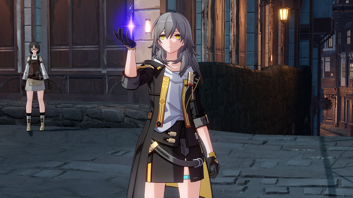 Una ragazza dai capelli d'argento, nota anche come Trailblazer, alza la mano per catturare una stella luminosa viola in Honkai: Star Rail