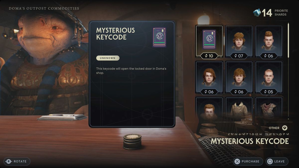 Star Wars Jedi: Inventario dei sopravvissuti nel negozio di Doma, incluso il misterioso codice che apre la porta.