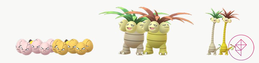 Shiny Exeggcute, Exeggutor e Alolan Exeggutor con le loro forme regolari. Tutte e tre le forme lucide sono dorate ed entrambe le forme di Exeggutor hanno foglie rosse.