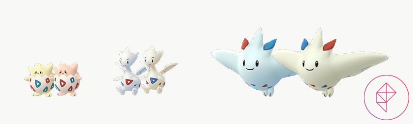Shiny Togepi, Togetic e Togekiss in Pokémon Go con le loro forme normali. Shiny Togepi è una sfumatura di rosa chiaro, mentre Shiny Togetic e Togekiss assumono una sfumatura gialla.