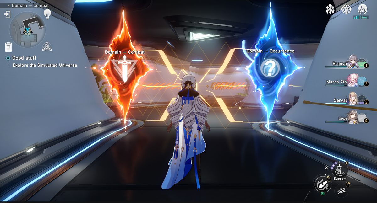 Bronya in Honkai: Star Rail si trova di fronte a portali rossi e blu in Simulated Universe