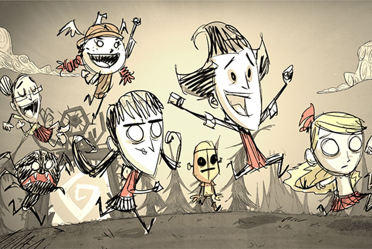 Un gruppo di personaggi di Don't Starve Together, resi a matita e carboncino, corrono e saltano in festa.