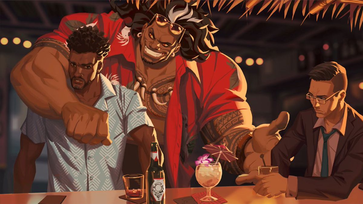 Mauga abbraccia Baptiste in un bar haitiano nell'artwork del racconto di Overwatch