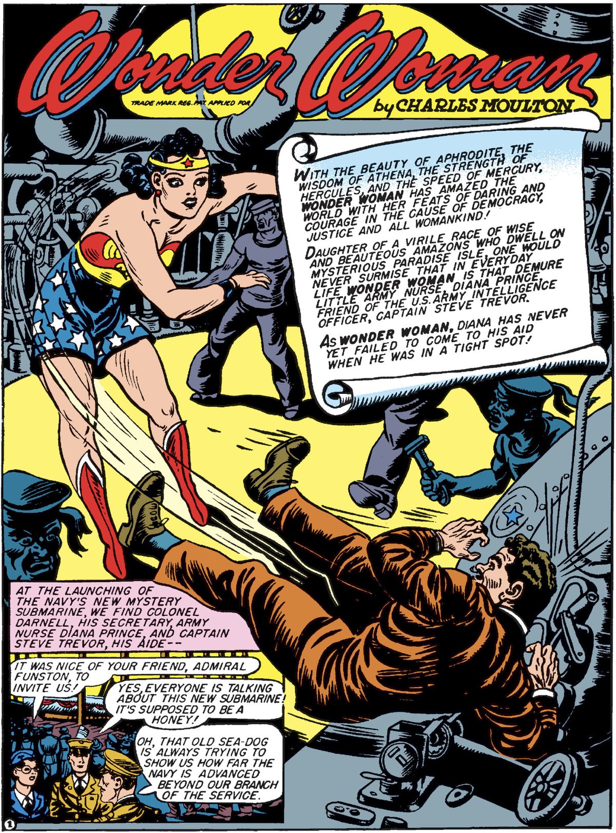 Wonder Woman lancia una spia in abito marrone attraverso una fabbrica in alcuni macchinari mentre bolle di testo esplicativo ambientano la scena della sua infiltrazione in un progetto sottomarino