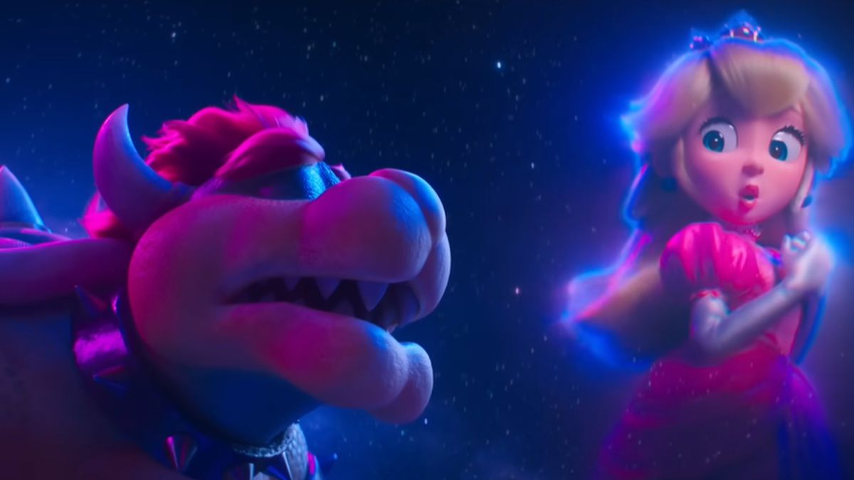 (LR) Bowser (Jack Black) fa una serenata a un'immagine spettrale della Principessa Peach (Anya Taylor-Joy) in The Super Mario Bros. Movie.