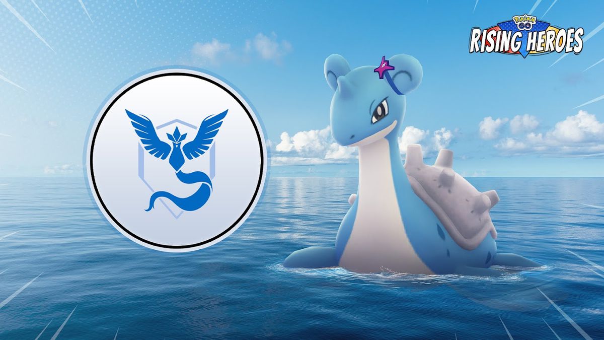 La medaglia del Team Mystic accanto a un Lapras che indossa un accessorio a tema Blanche in Pokémon Go.