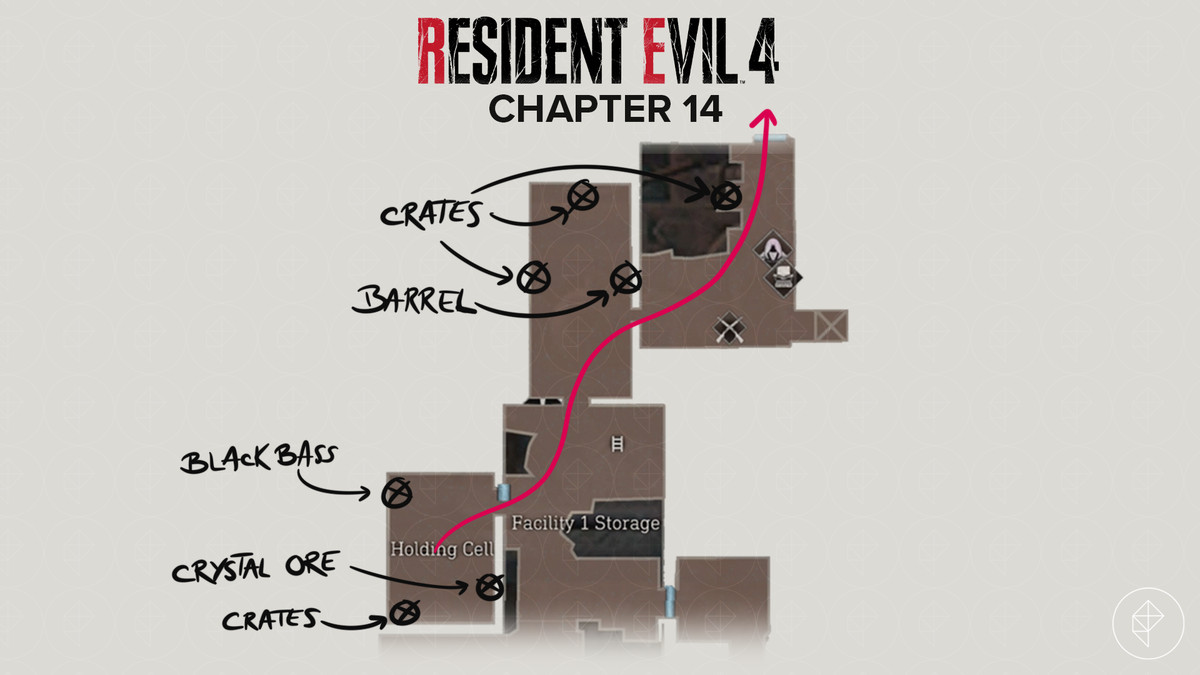 Mappa del remake di Resident Evil 4 del percorso fuori dalla struttura 1 con gli oggetti contrassegnati