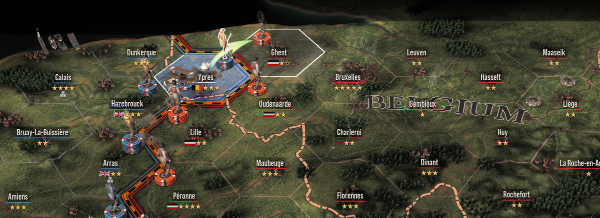 Uno screenshot da The Great War: The Western Front che mostra una mappa a volo d'uccello del Belgio.