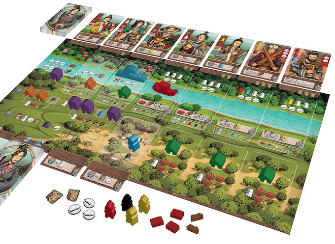 Un rendering dei componenti di Legacy of Yu, che mostra un placido ambiente rurale con barche colorate e abitazioni posizionate sulla mappa.