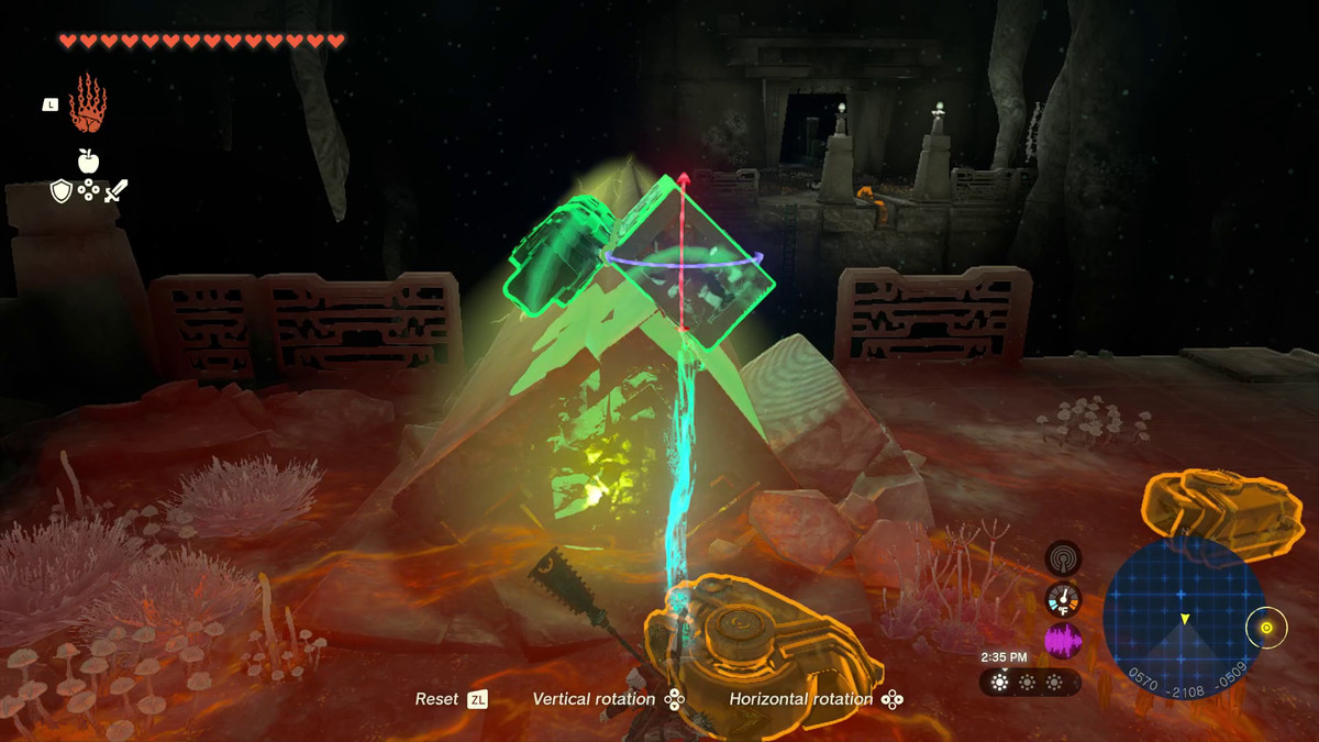 Link posiziona con attenzione una scatola su un ponte elettrico, assicurandosi che le due ruote sulla scatola siano allineate con una sporgenza in Tears of the Kingdom