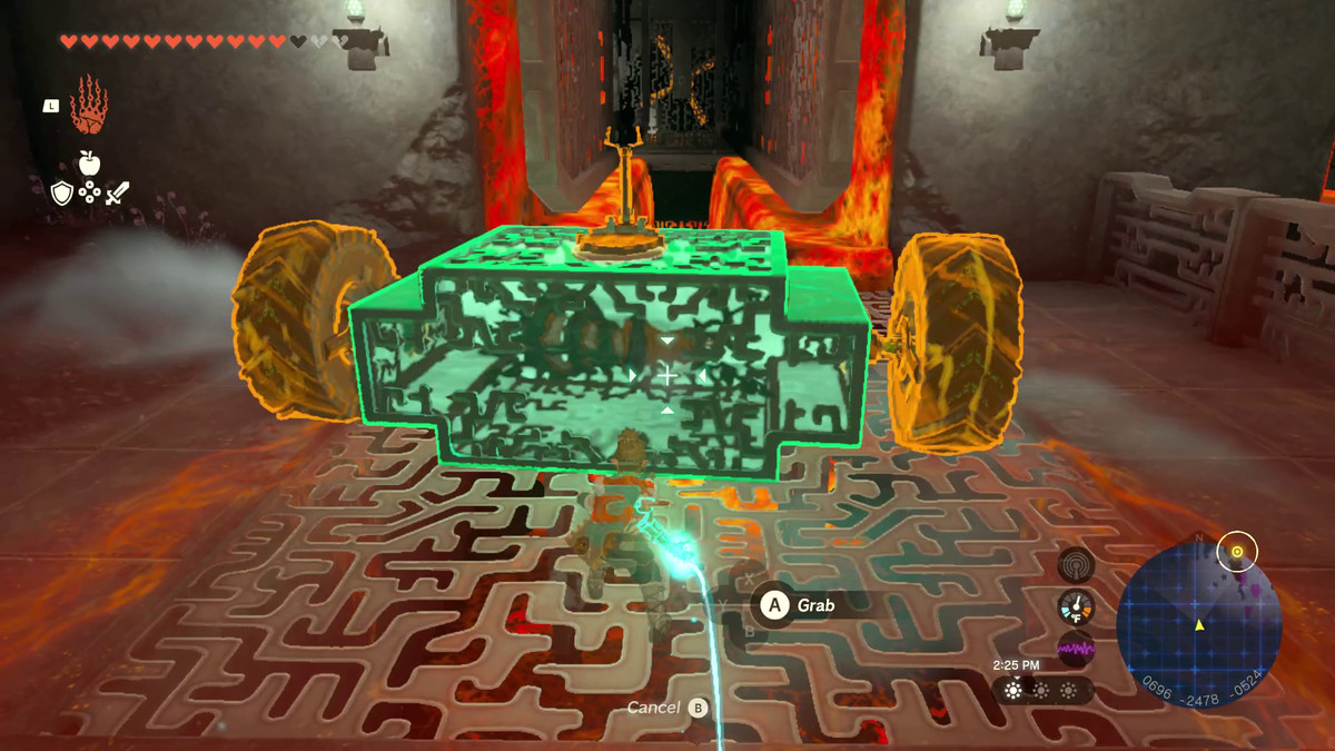 Link Ultrahands, una nuova macchina che attraversa la lava, dove questa volta la scatola viene capovolta orizzontalmente con le grandi gomme su ogni lato e un bastone dello sterzo in cima in Tears of the Kingdom