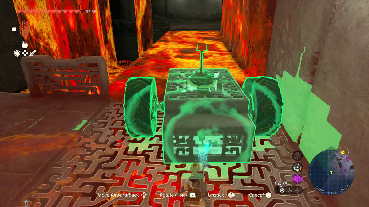 Collega Ultrahands un'auto che attraversa la lava usando due grandi ruote su ciascun lato di una scatola e un bastone dello sterzo in cima in Tears of the Kingdom