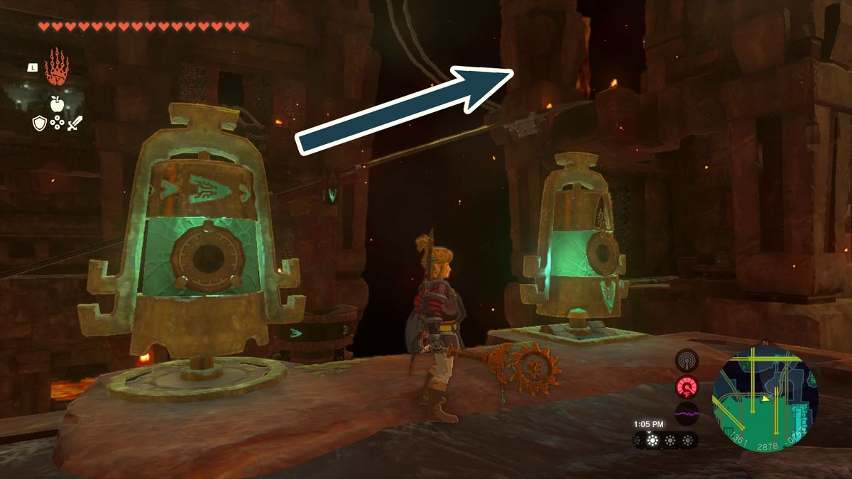 Una freccia punta diagonalmente un carrello da miniera verso l'angolo in alto a destra in Tears of the Kingdom