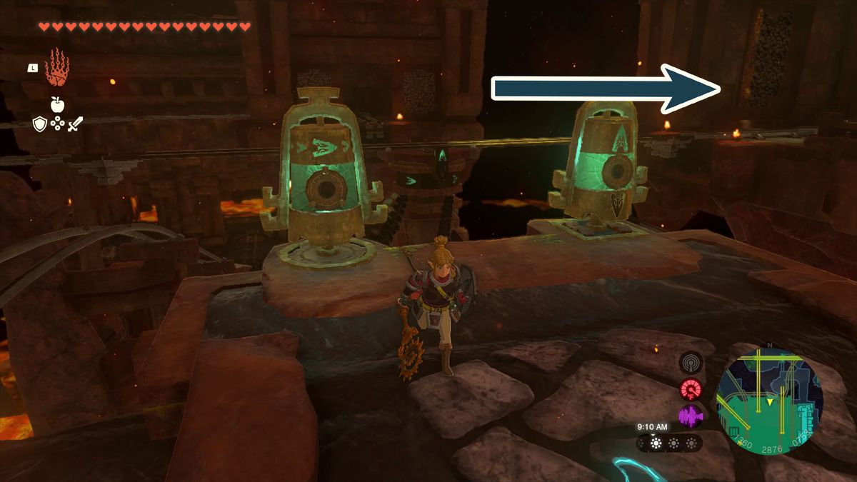 Una freccia indica un carrello da miniera orizzontale verso destra in Tears of the Kingdom