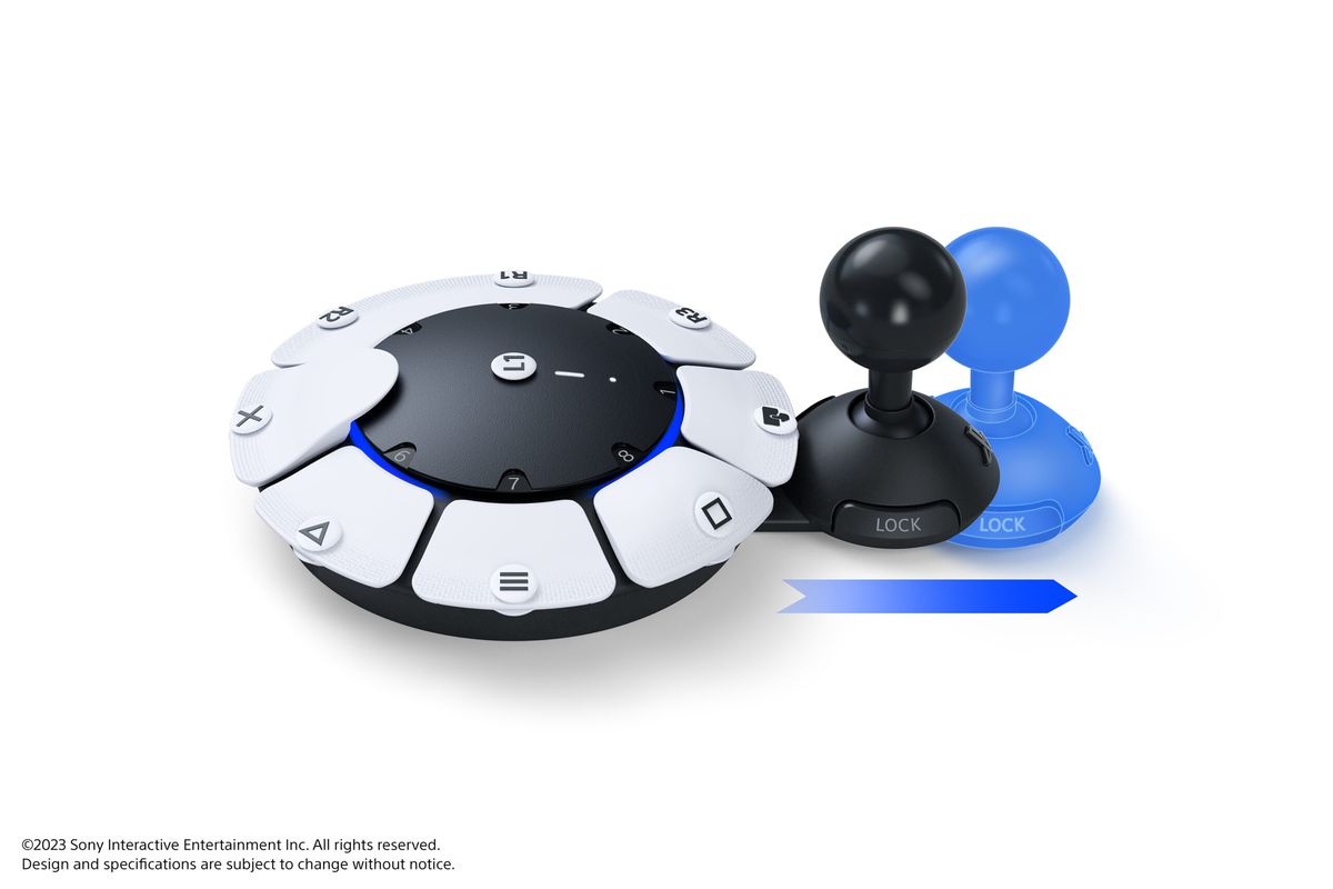 Un controller circolare, con accanto un joystick nero, che mostra come il joystick può essere posizionato più vicino o più lontano dal controller.