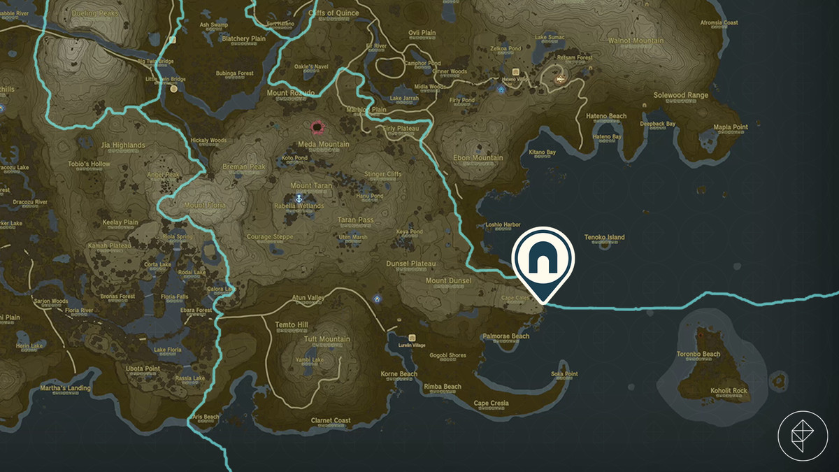 Mappa di The Legend of Zelda: Tears of the Kingdom che mostra la posizione di Cape Cales Cliffside Cave