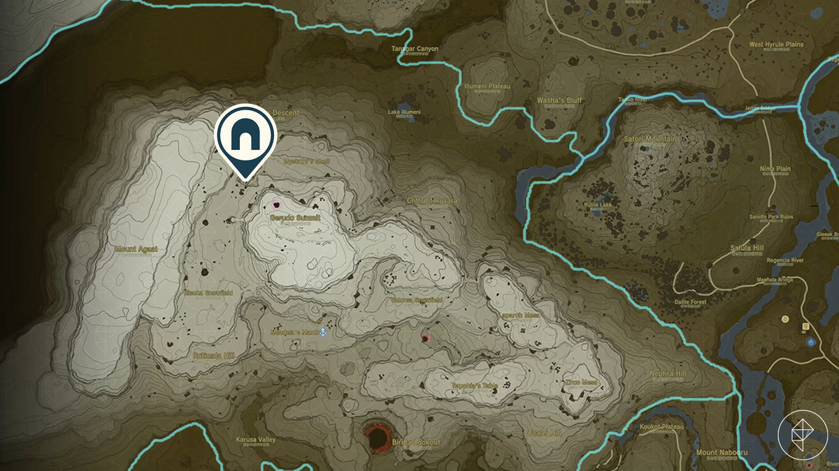 Mappa di The Legend of Zelda: Tears of the Kingdom che mostra la posizione della Grotta dell'Ottava Eroina.