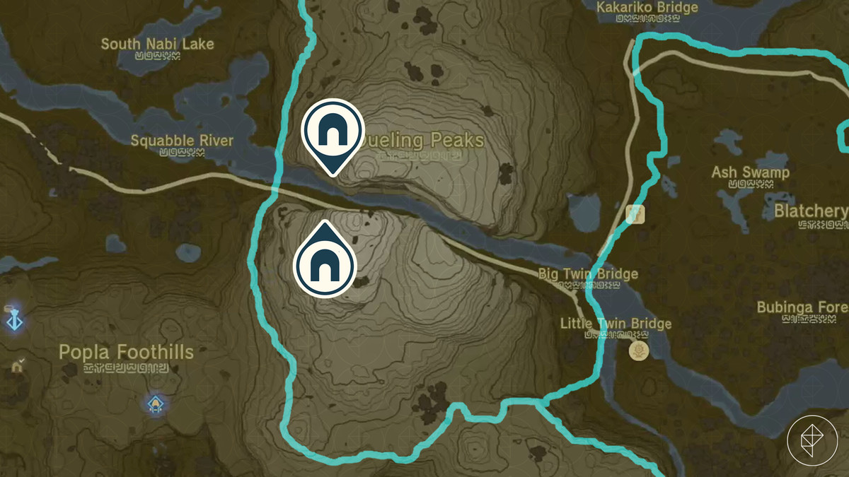 La mappa di The Legend of Zelda: Tears of the Kingdom mostra le posizioni di Dueling Peaks North Cave e Dueling Peak South Cave.