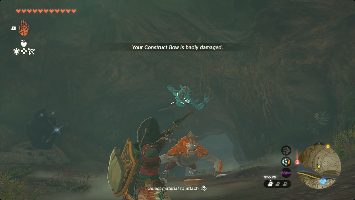 The Legend of Zelda: Tears of the Kingdom Link entra nella Grotta di Dueling Peaks a nord e punta un arco contro una coppia di Horriblin.