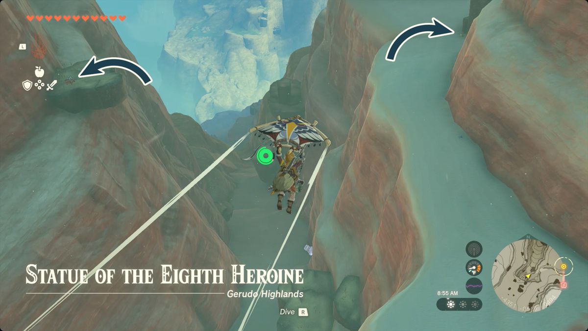 The Legend of Zelda: Tears of the Kingdom Link che vola in parapendio nella statua dell'ottava eroina con le frecce che puntano agli specchi vicini.