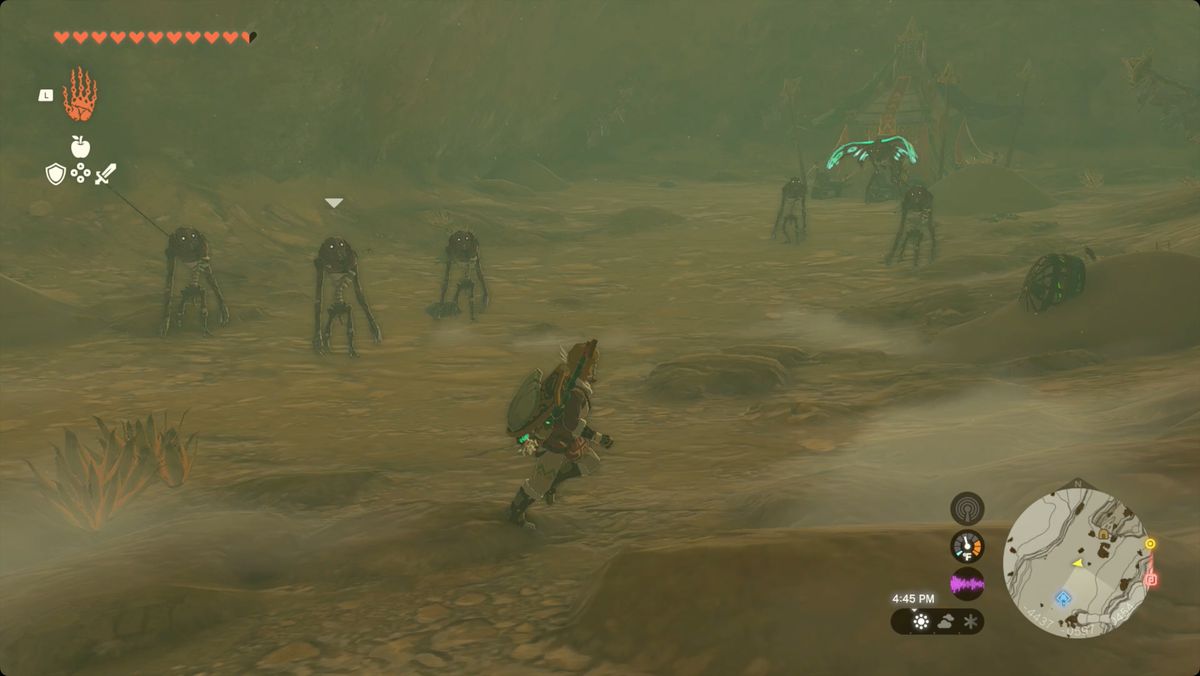 The Legend of Zelda: Tears of the Kingdom Link all'interno della grotta della statua dell'ottava eroina che sta per essere attaccata da molti Gibdos.