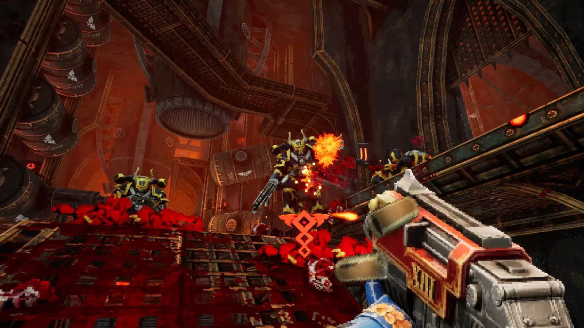 Il protagonista del fucile requiem di Warhammer 40K si impegna in uno scontro a fuoco con i Chaos Space Marines.