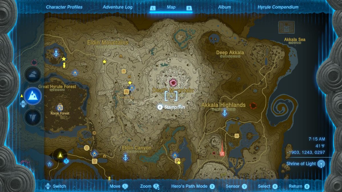 Una mappa che mostra la posizione del drago di fuoco in Zelda Tears of the Kingdom.